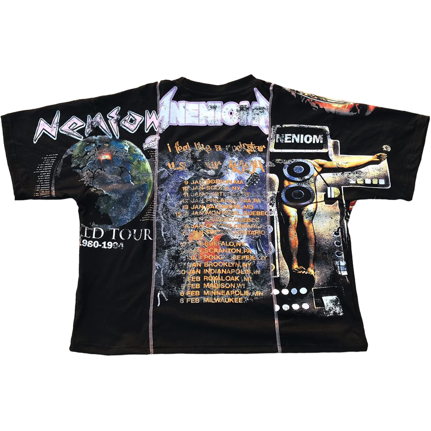 Oversized NENIOM split graphic shirt – retro heavy metal tour style patchwork tee in black