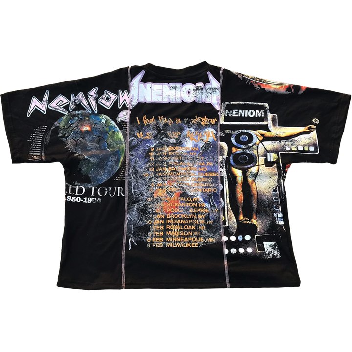 Oversized NENIOM split graphic shirt – retro heavy metal tour style patchwork tee in black