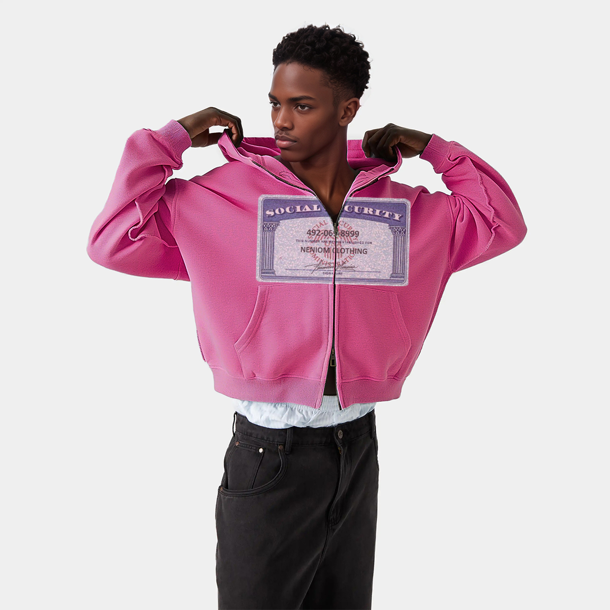 Social Security Card Cropped Double-Zip Boxy Hoodie | Streetwear Hoodies | Y2K 100% Cotton Hoodies | Graphic Zip Up| Oversized Neniom