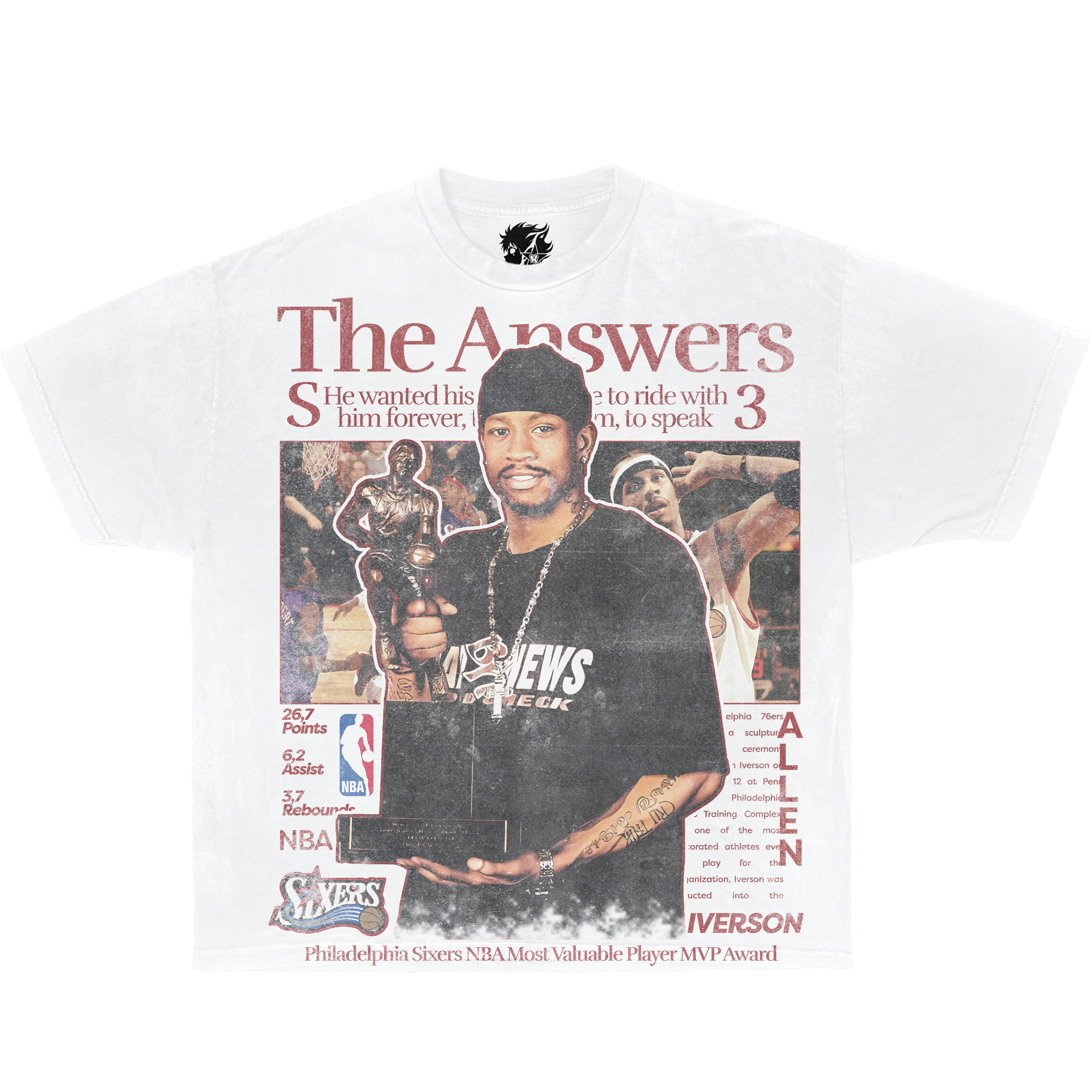 Allen Iverson vintage graphic tee – The Answer MVP newspaper design Philadelphia 76ers streetwear shirt