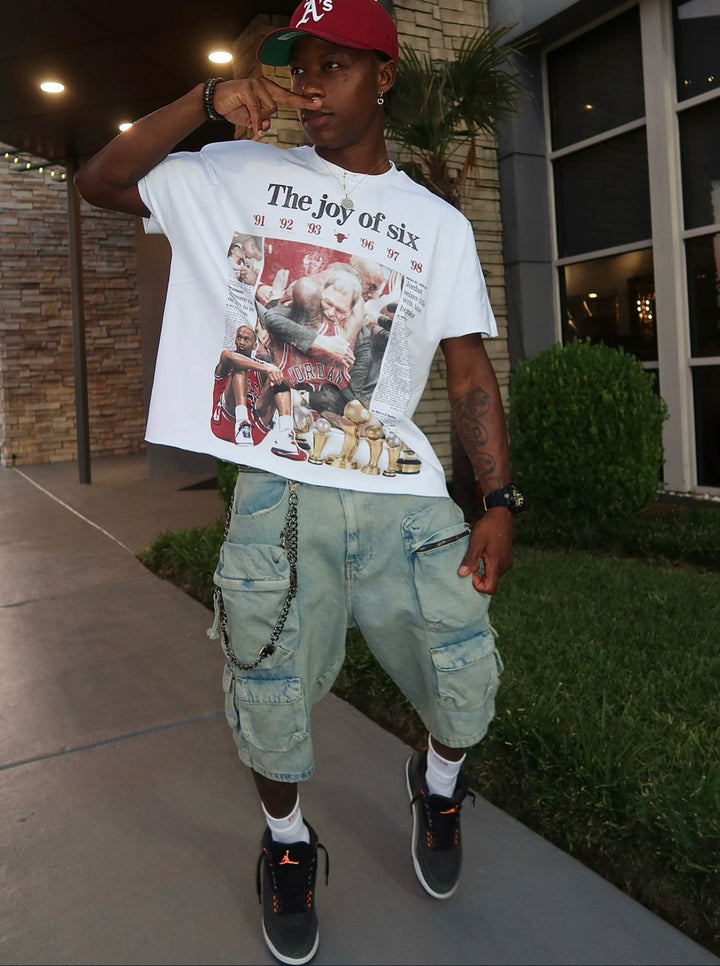 White vintage newspaper style Jordan shirt – celebrating 6 NBA titles with Chicago Bulls