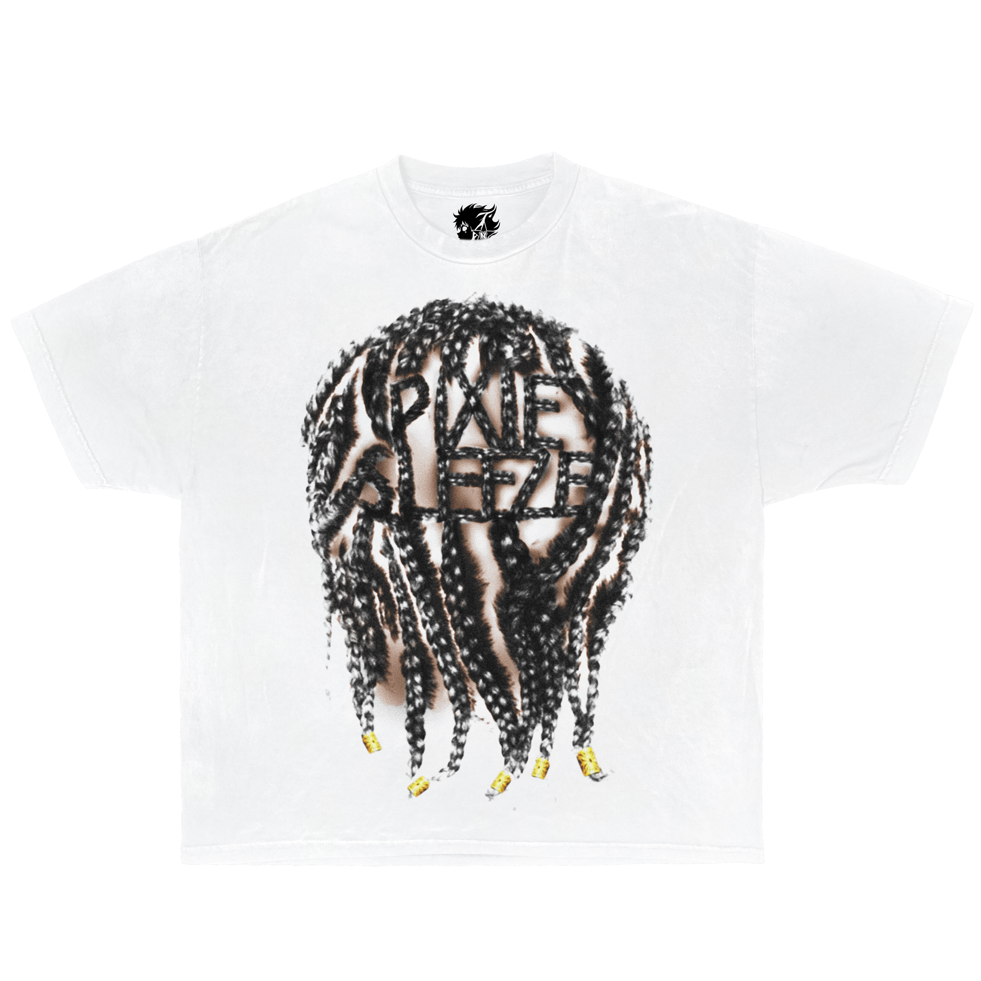 Pixie Sleeze braids graphic t-shirt – oversized white streetwear tee with unique braided hair artwork