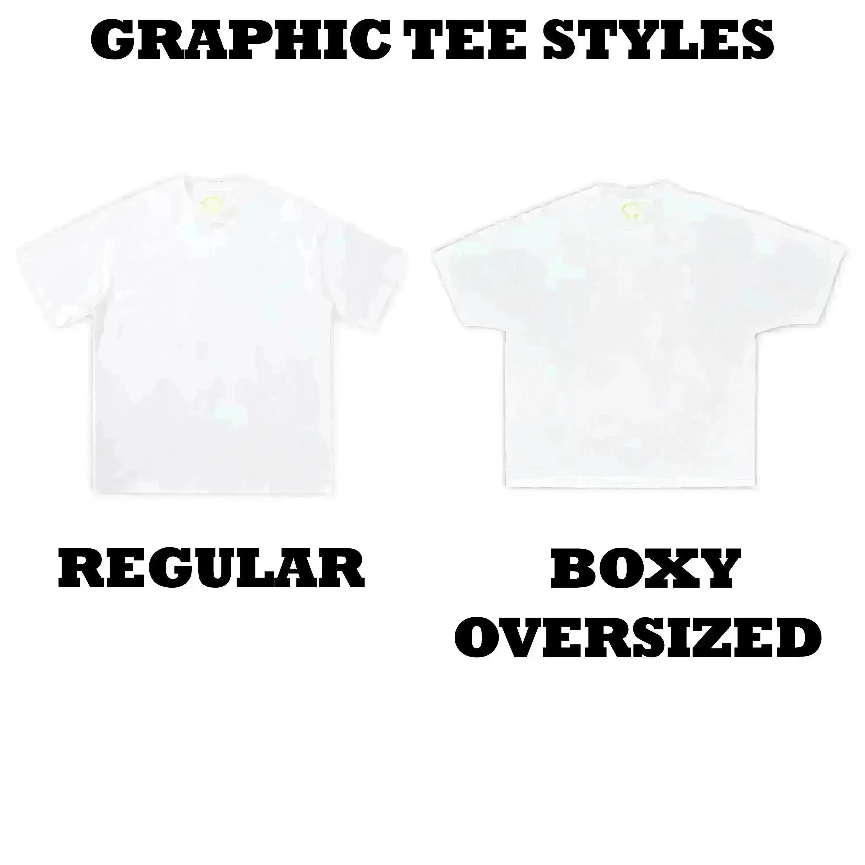 White graphic tee with 'Regular' and 'Boxy Oversized' labels on a white background