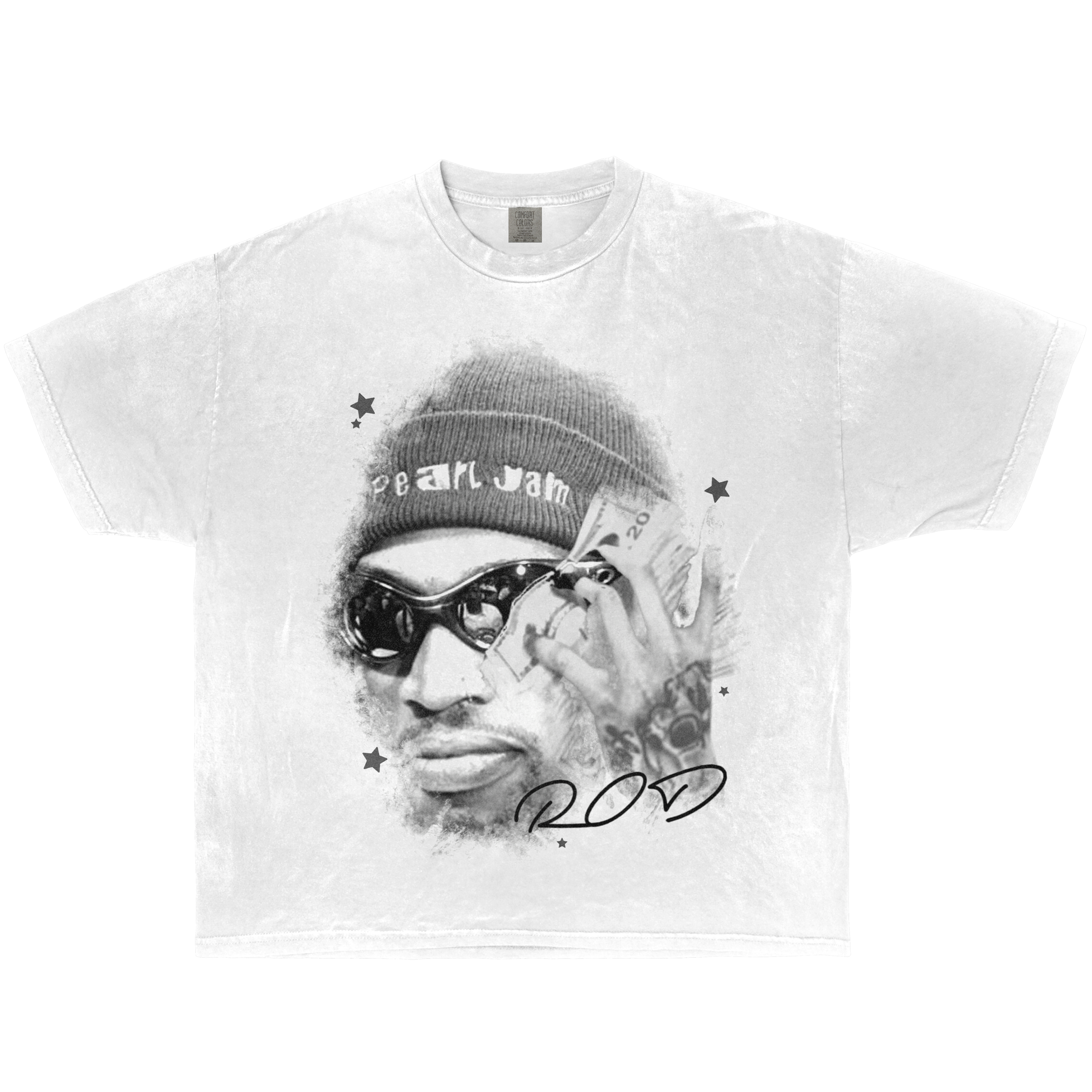 Dennis Rodman ROD graphic t-shirt – vintage black and white streetwear tee with money stack design