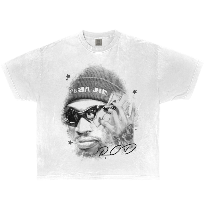 Dennis Rodman ROD graphic t-shirt – vintage black and white streetwear tee with money stack design