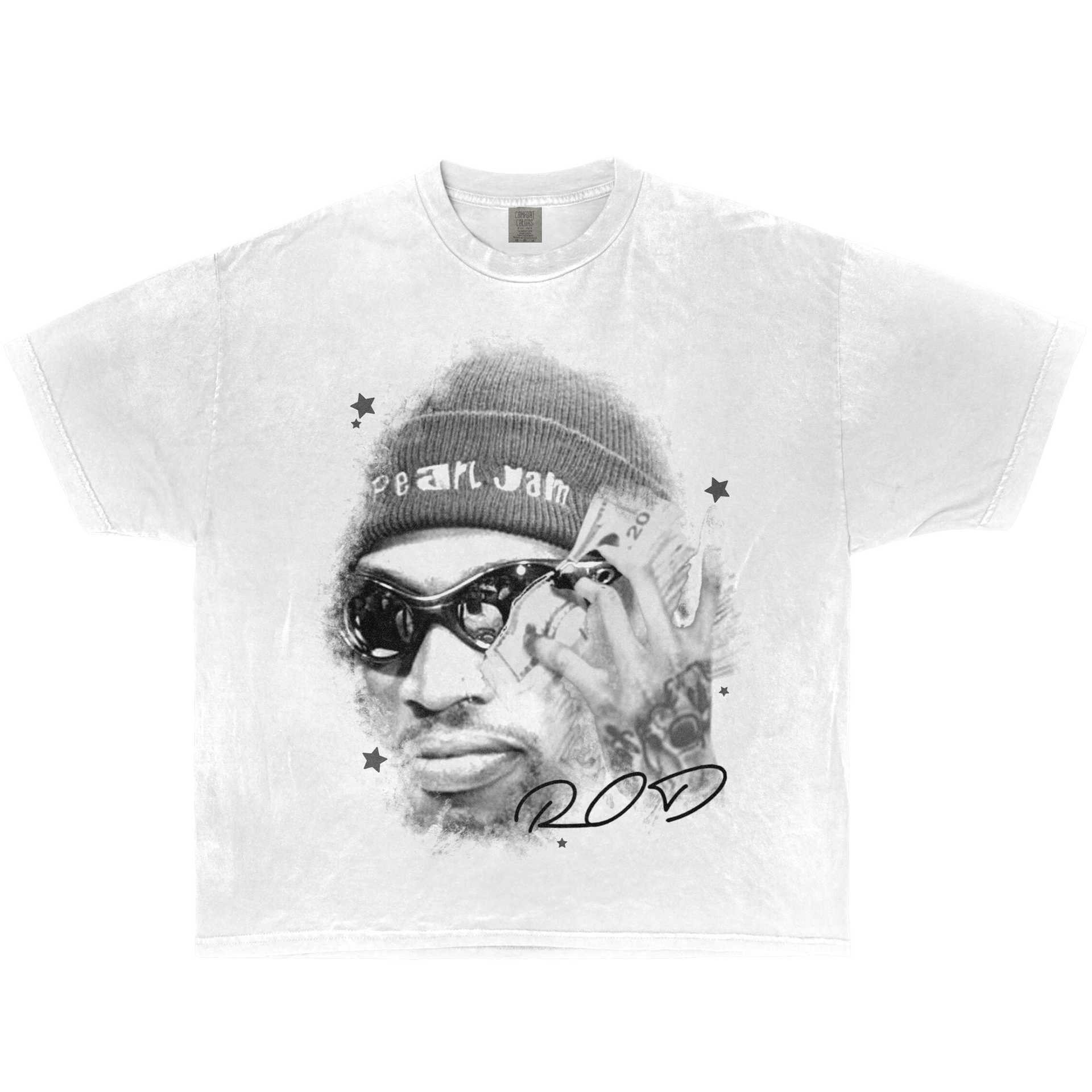 Dennis Rodman ROD graphic t-shirt – vintage black and white streetwear tee with money stack design