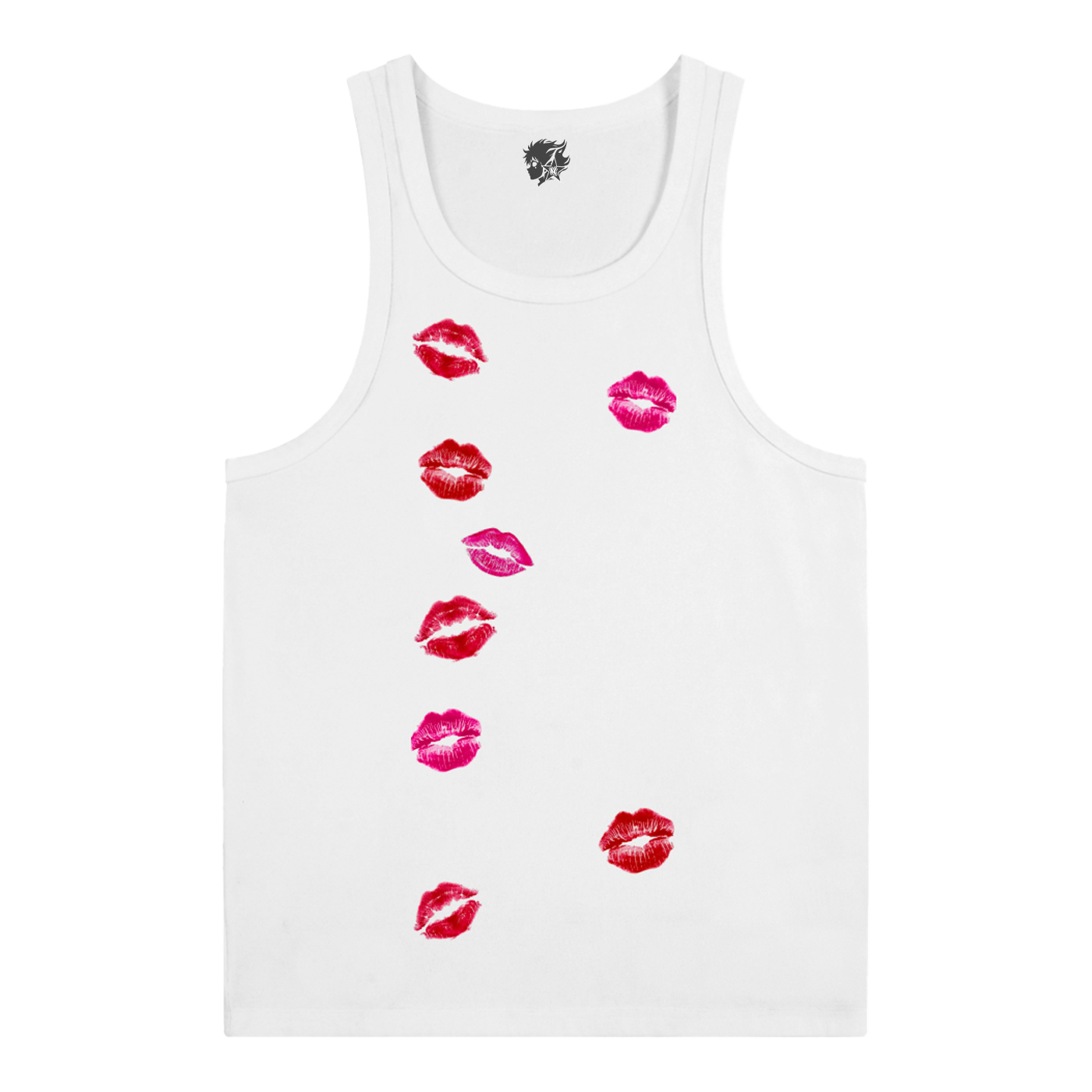 White streetwear tank top with red and pink kiss print graphic – Y2K inspired sleeveless shirt