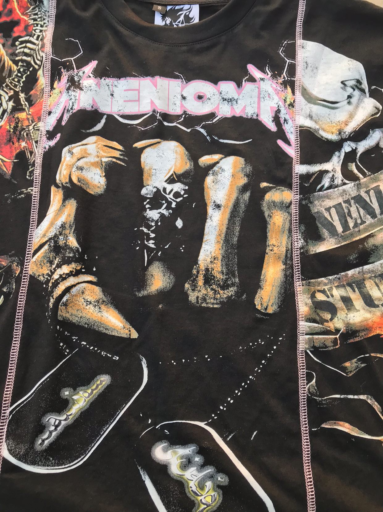 NENIOM patchwork streetwear tee – bold gothic rock band tour inspired 3-panel graphic shirt