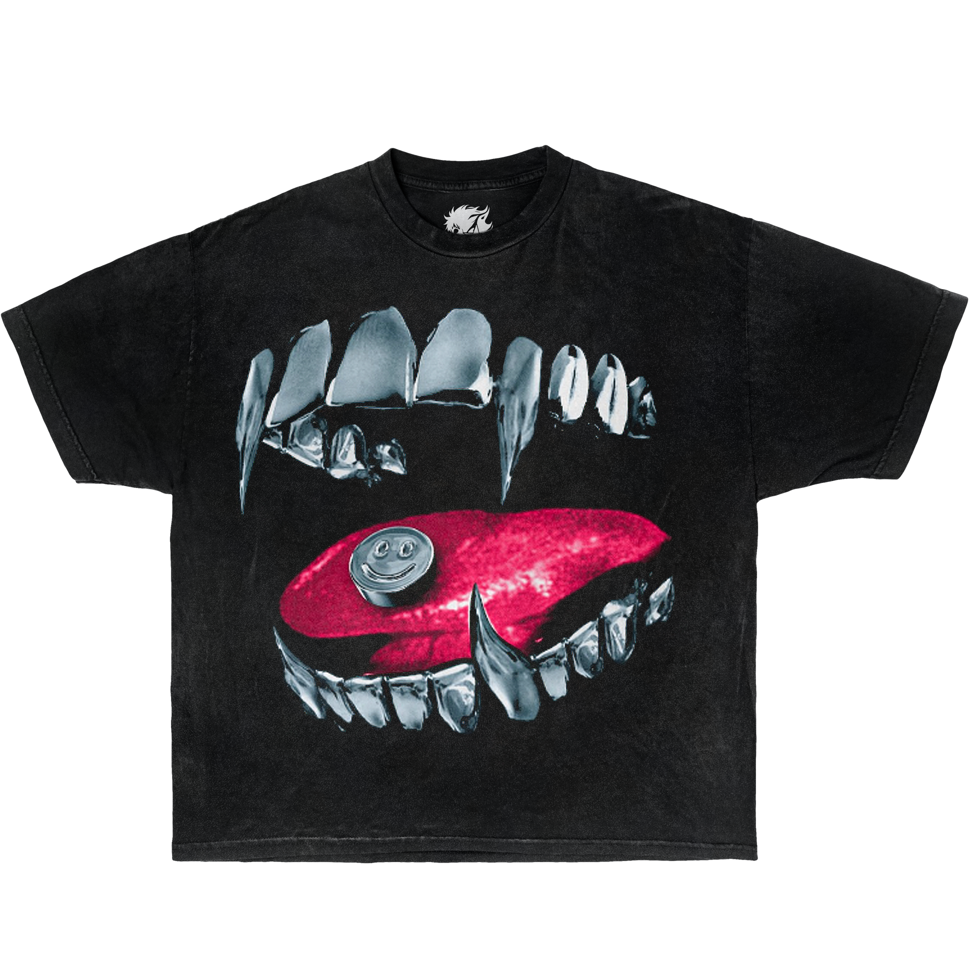 Y2K streetwear graphic tee with chrome anime silhouette and iced-out star logo – black oversized vintage wash