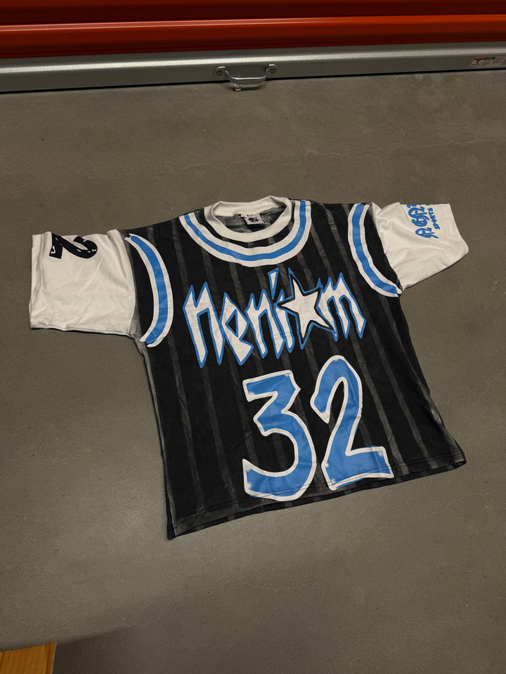 Oversized jersey-inspired Y2K streetwear shirt styled flat lay