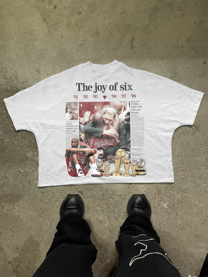 Vintage Michael Jordan Chicago Bulls championship newspaper tee – 6x NBA Finals graphic t-shirt in white