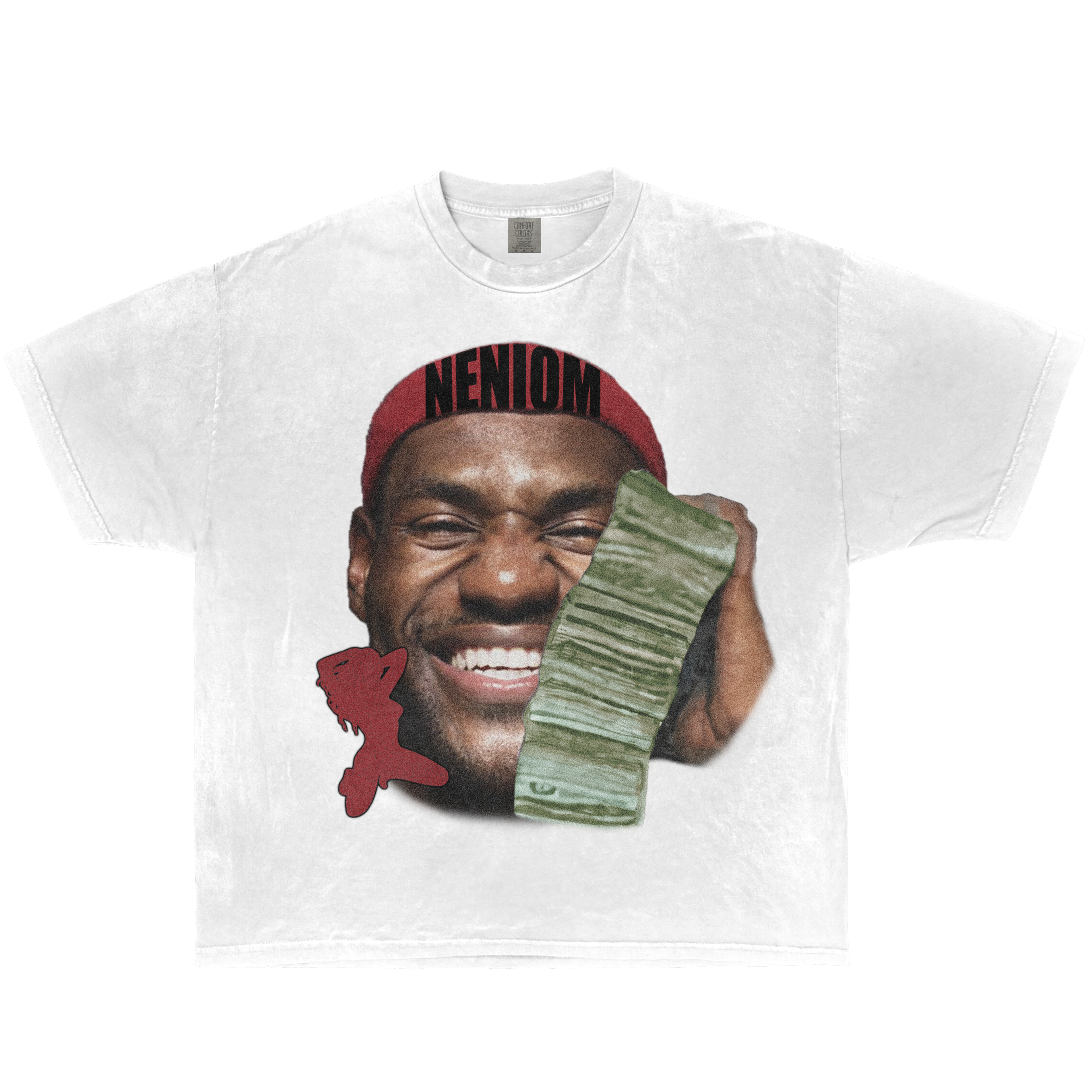 Vintage LeBron James streetwear money graphic tee – oversized white NENIOM shirt with stack of cash design