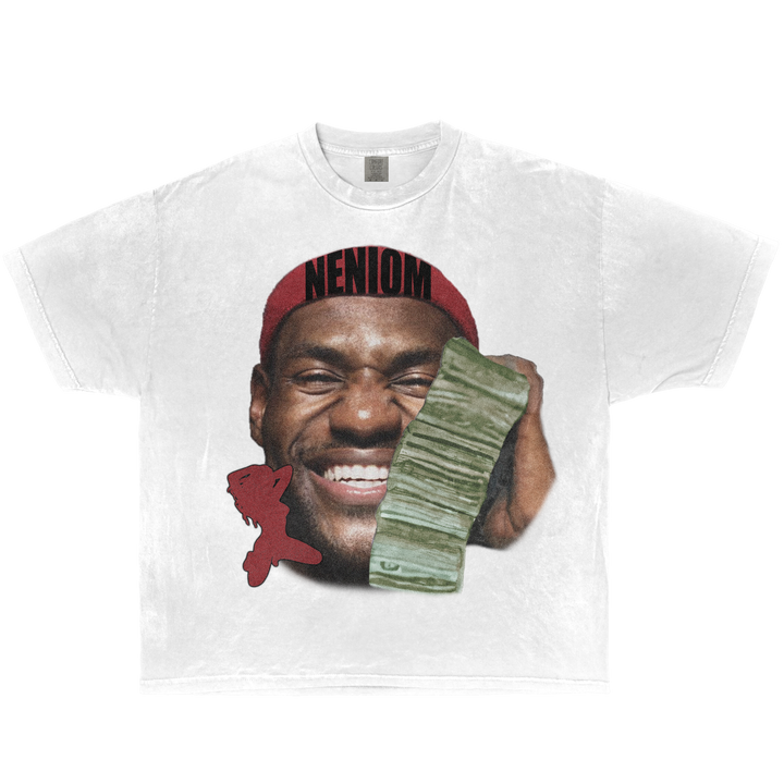 Vintage LeBron James streetwear money graphic tee – oversized white NENIOM shirt with stack of cash design