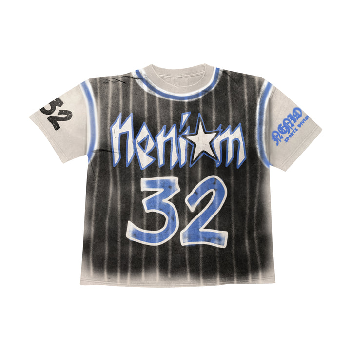 Front view of NENIOM vintage pinstripe jersey graphic tee with blue #32 design
