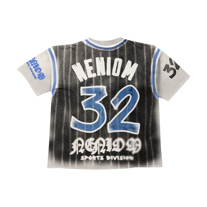 Back view of NENIOM oversized black pinstripe graphic t-shirt with large number 32