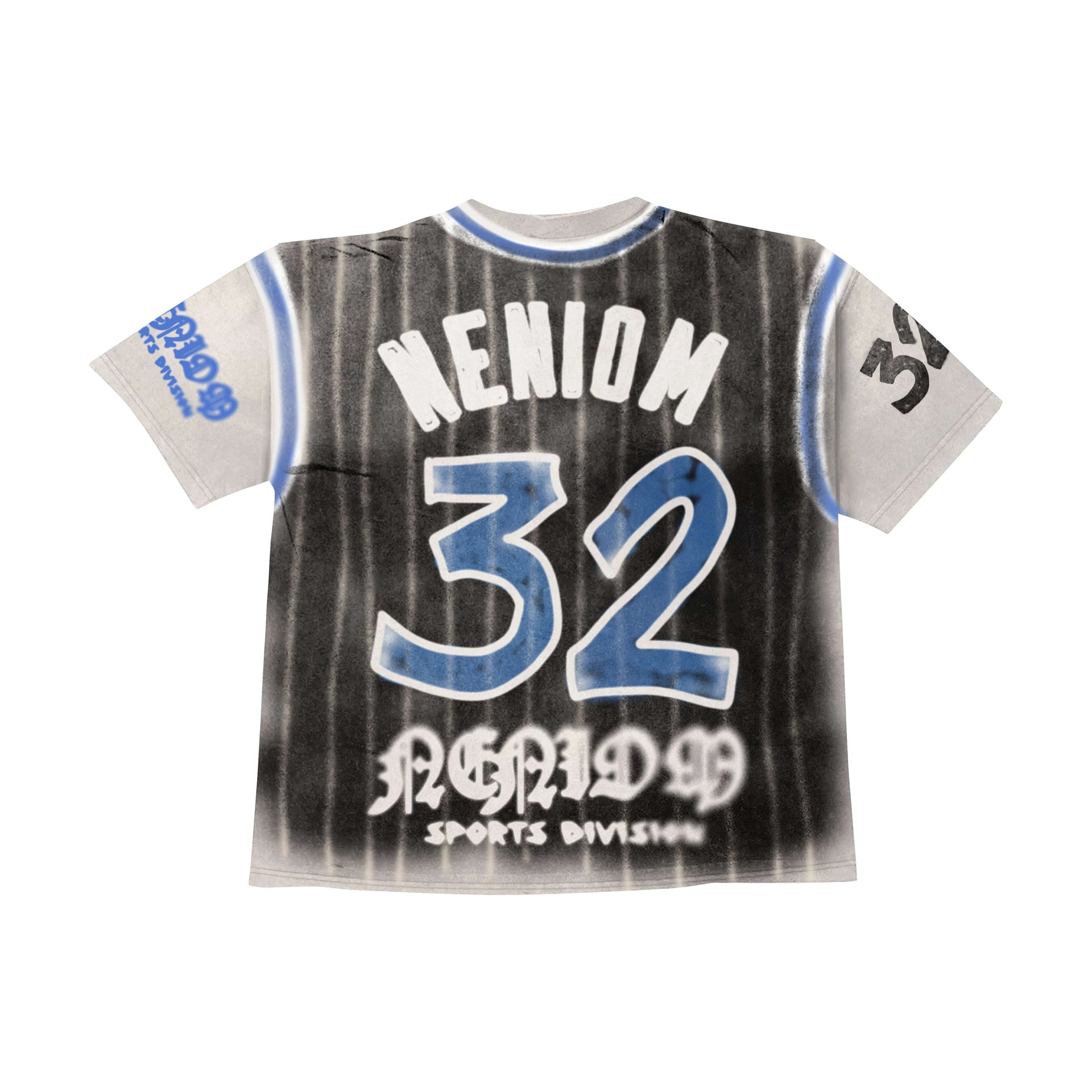 Back view of NENIOM oversized black pinstripe graphic t-shirt with large number 32