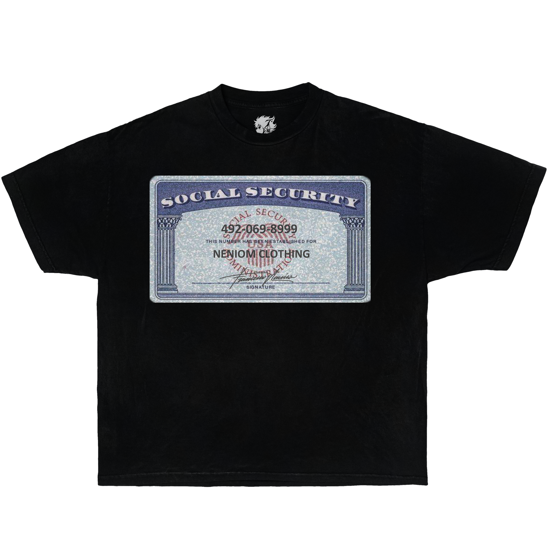 NENIOM Social Security graphic t-shirt – oversized black streetwear tee with bold ID card design