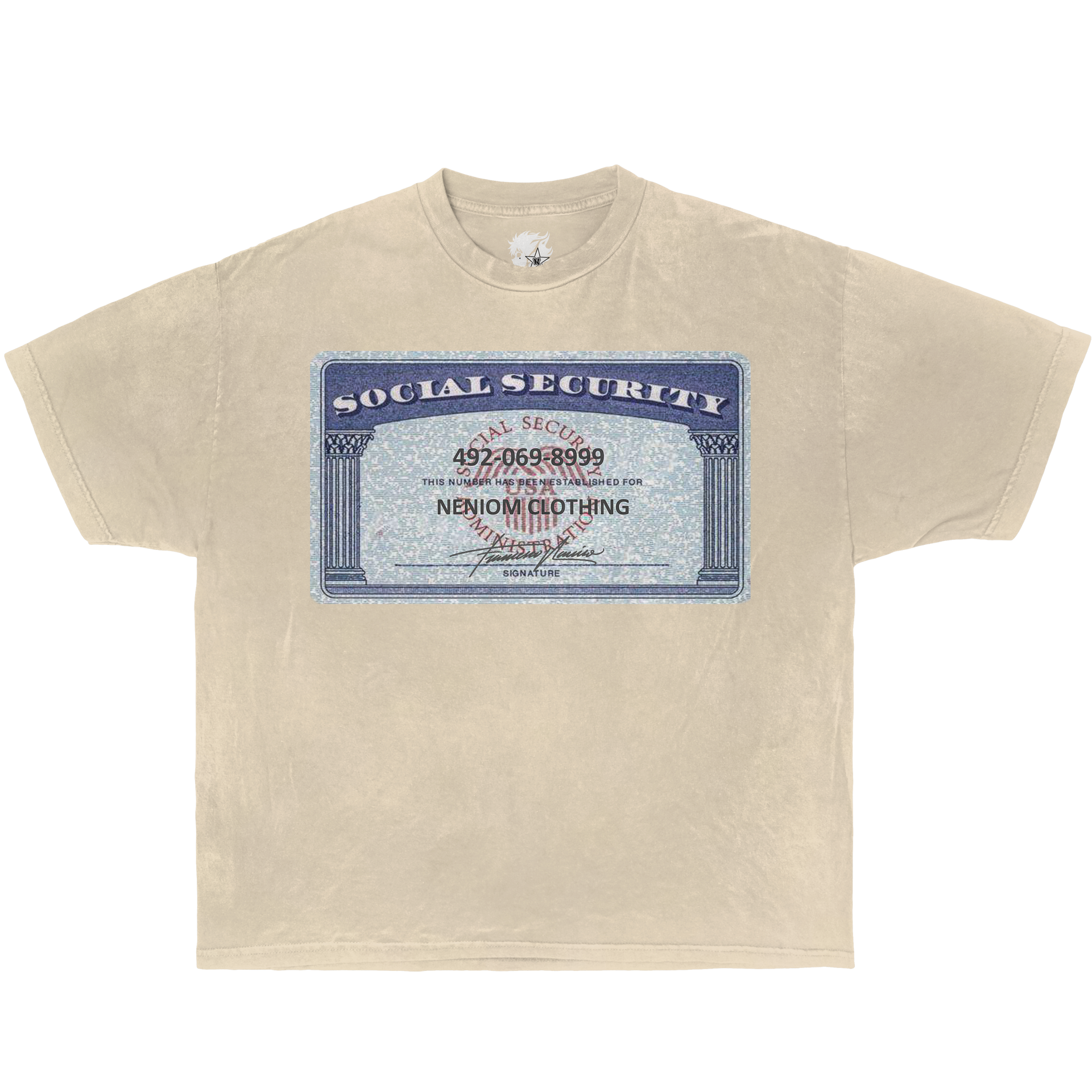 Oversized NENIOM streetwear shirt – vintage-inspired black tee with social security card artwork