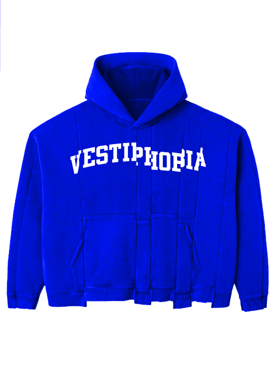 Blue hoodie with 'VESTIPIPHORIA' text on a transparent background