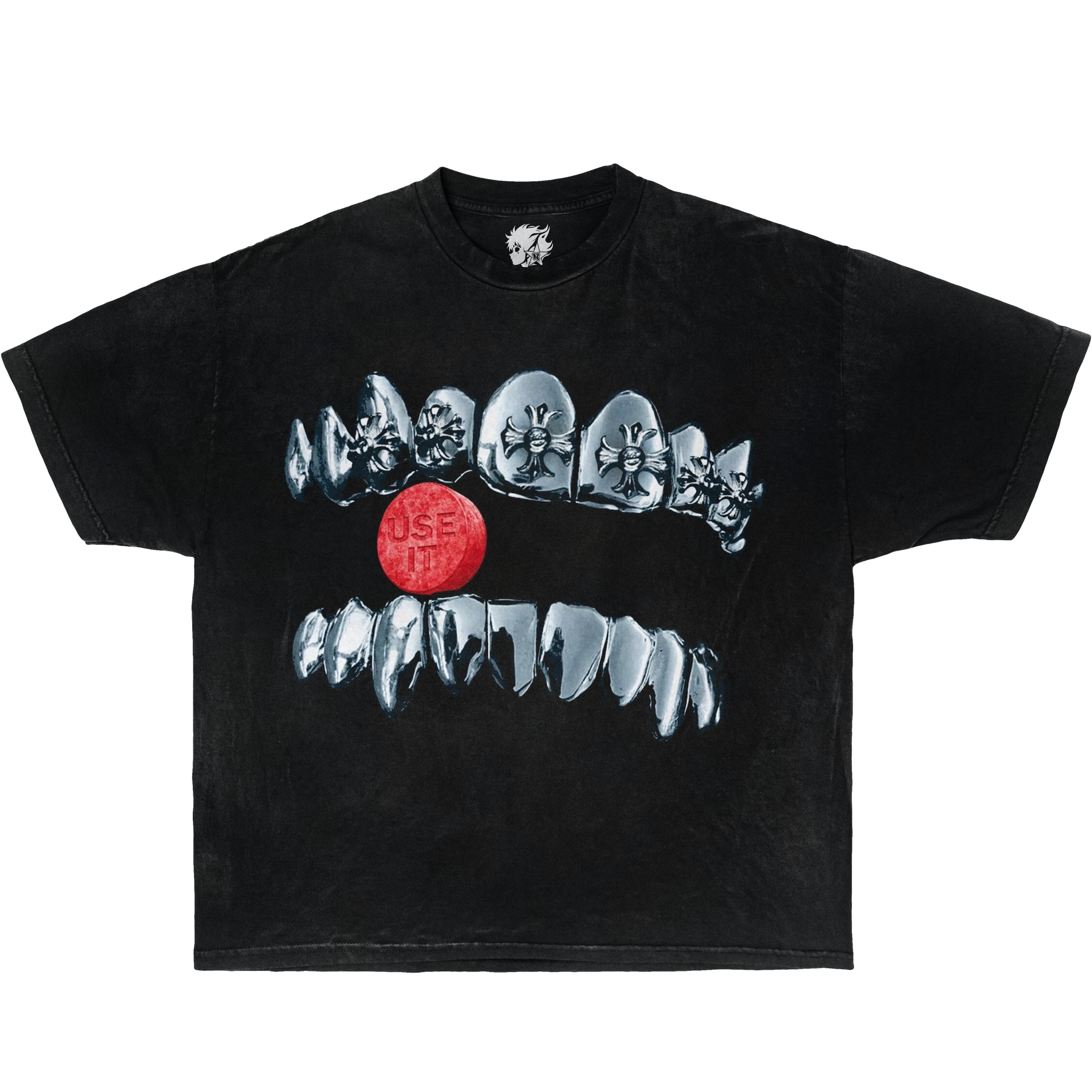Chrome teeth graphic t-shirt – black oversized streetwear tee with iced-out grills and red pill design