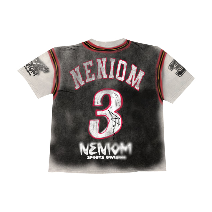 Back view of NENIOM Sports Division oversized shirt with retro basketball design