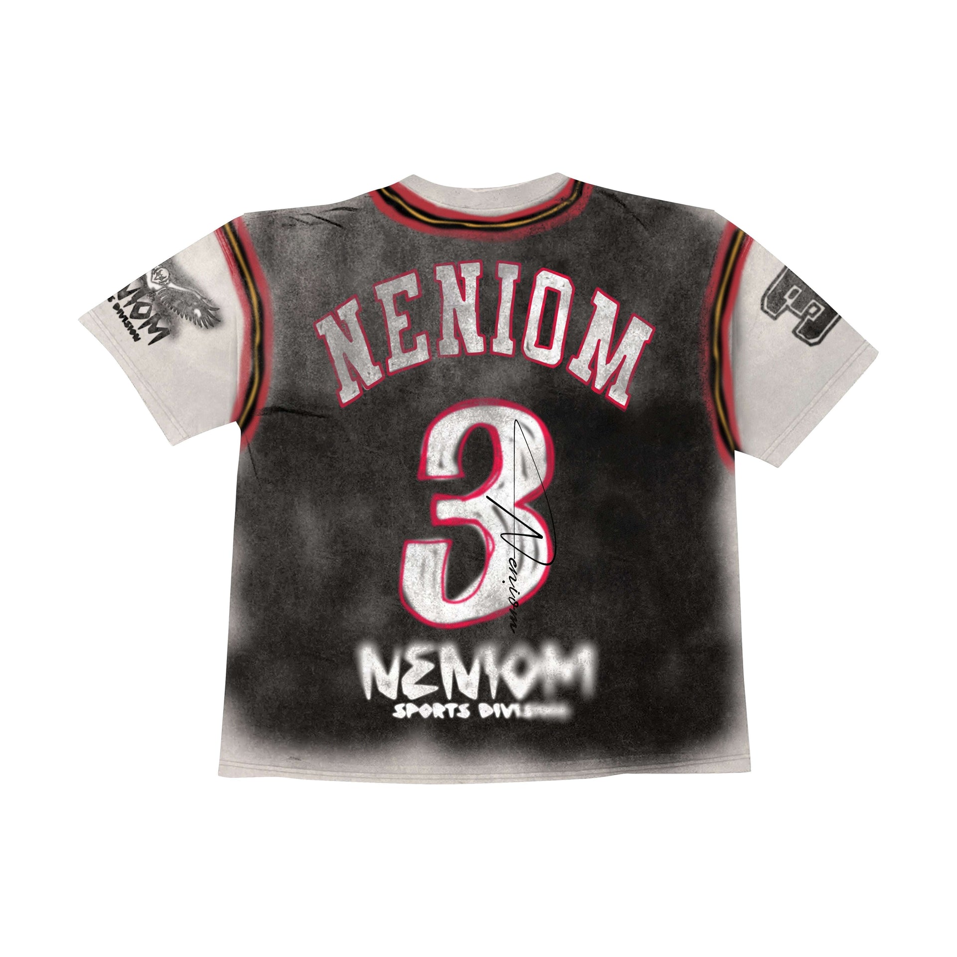 Back view of NENIOM Sports Division oversized shirt with retro basketball design