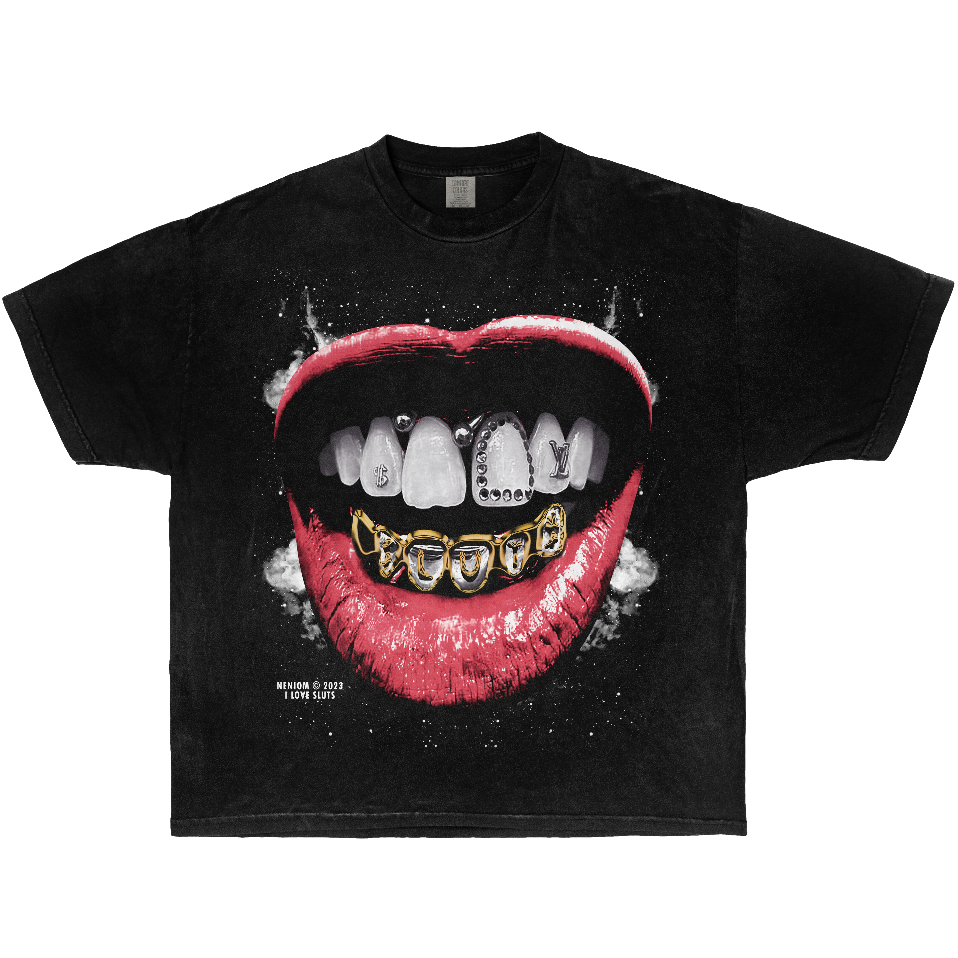 NENIOM Grillz t-shirt – bold black oversized streetwear tee with iced-out gold teeth and lip graphic