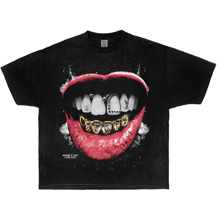 NENIOM Grillz t-shirt – bold black oversized streetwear tee with iced-out gold teeth and lip graphic