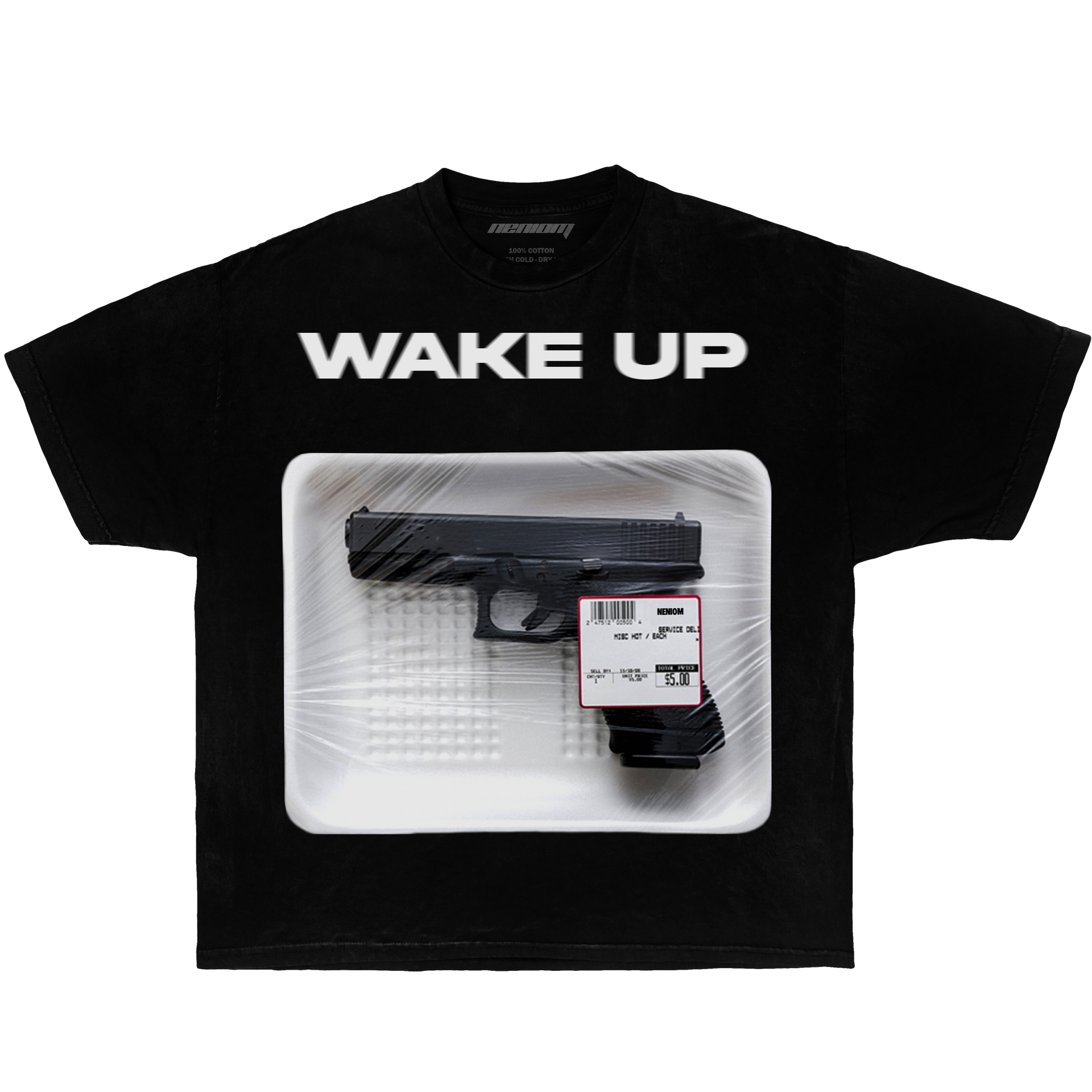 Wake Up Pistol Gun Vintage Oversized Boxy Shirt Graphic Y2K Tee Streetwear Neniom