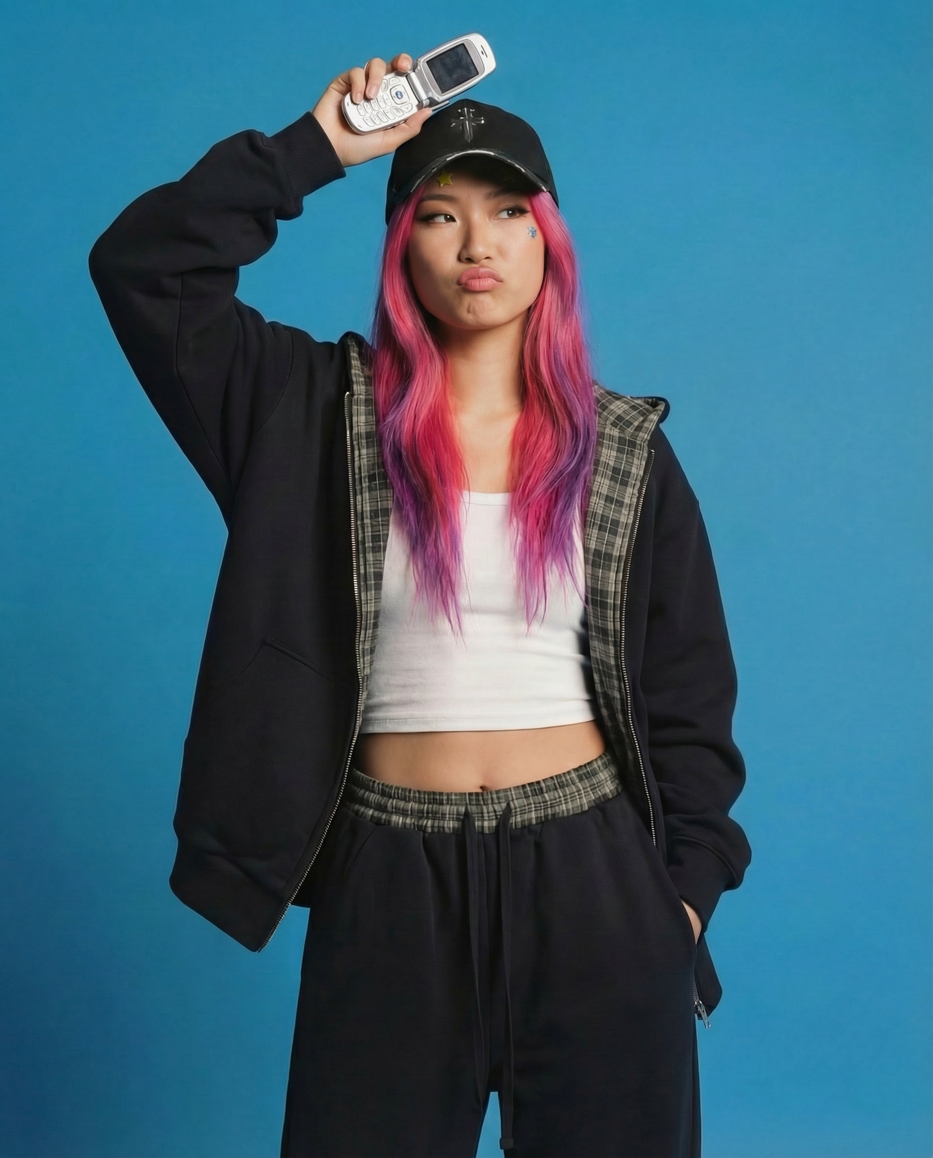 Lazy Boy Contrast Plaid Boxy Zip Up Black Hoodie