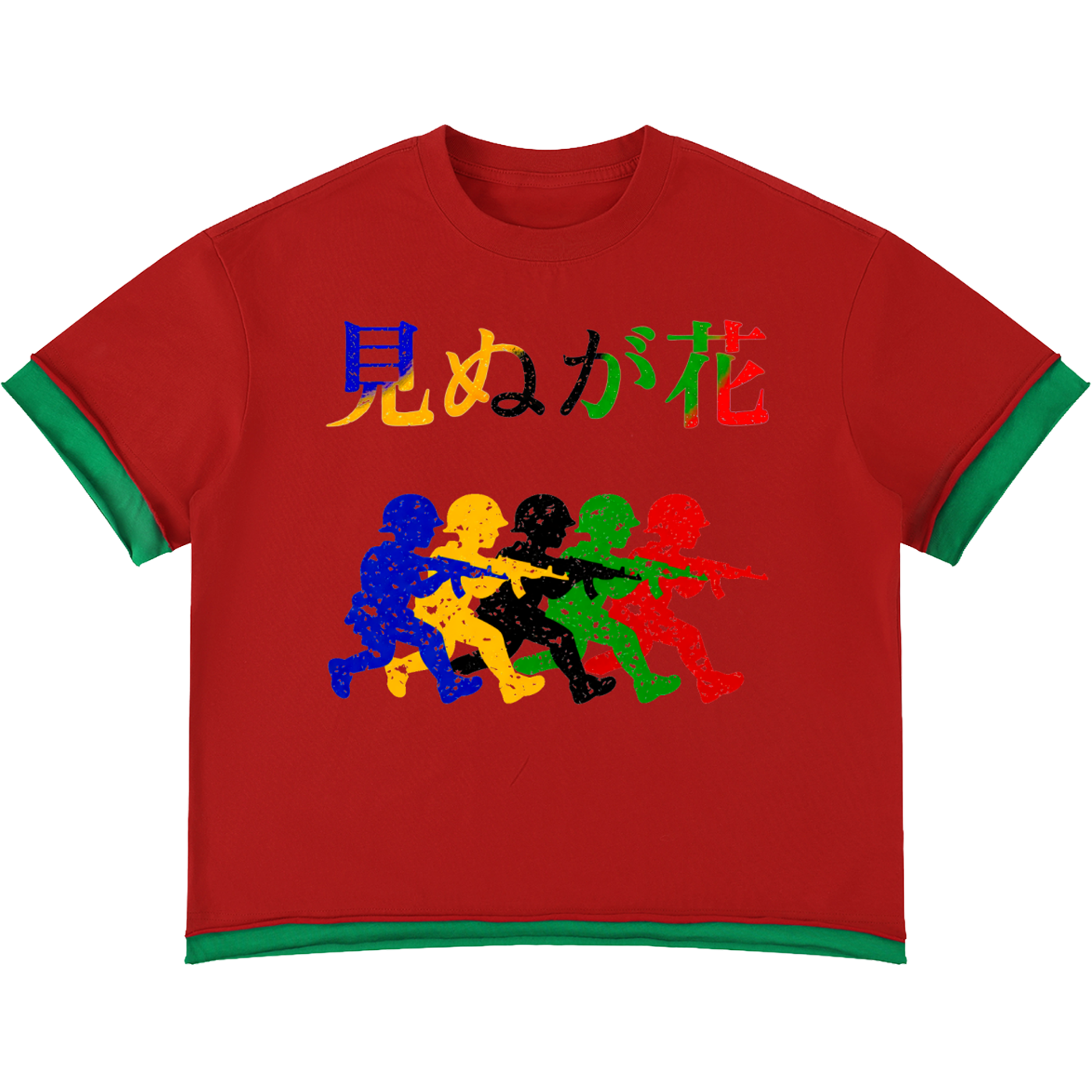 Red oversized Japanese graphic boxy t-shirt with green trim and multicolor anime-inspired front artwork.
