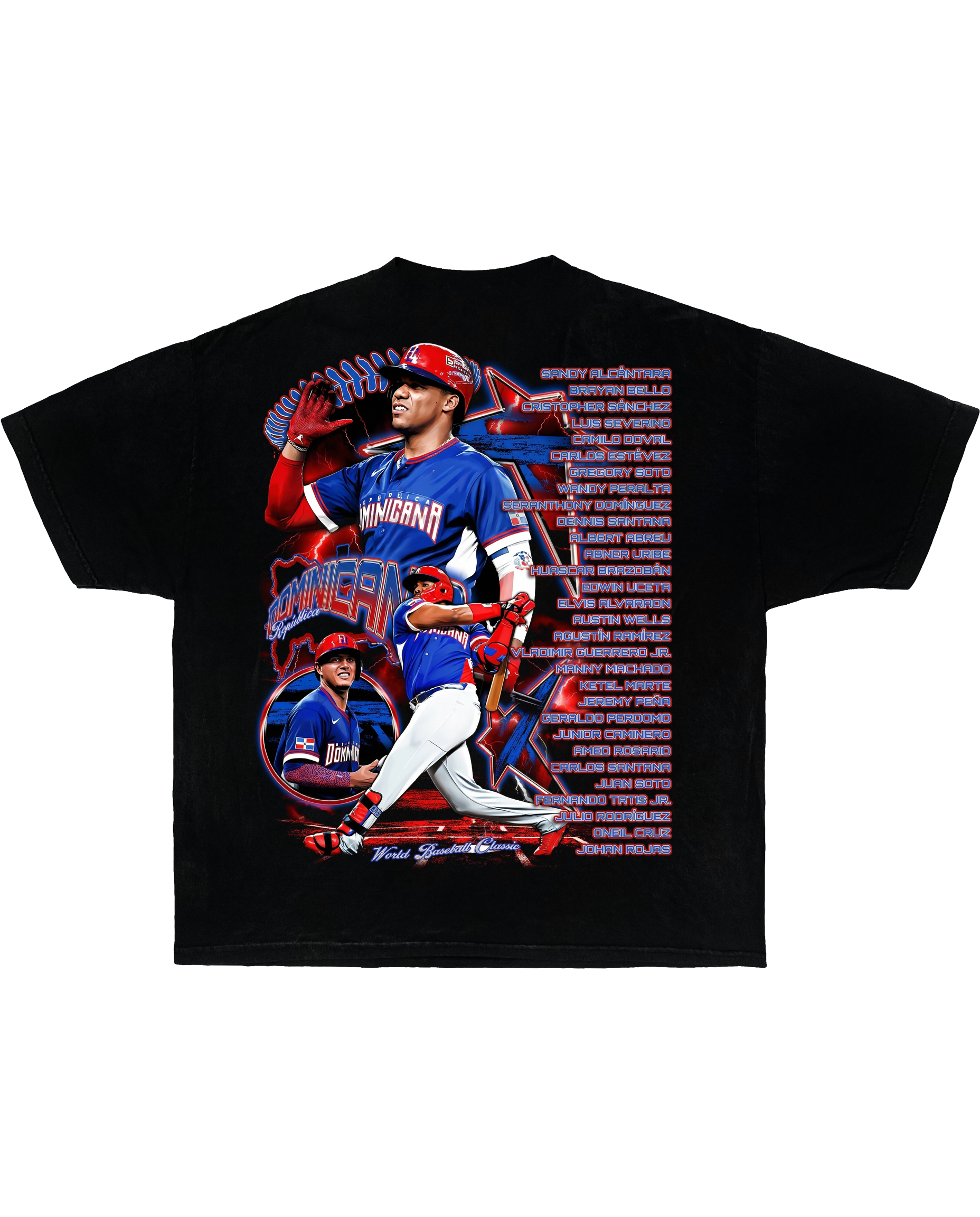 Dominican Dynasty vintage baseball tee by Neniom on black boxy oversized shirt with blue-red graphic