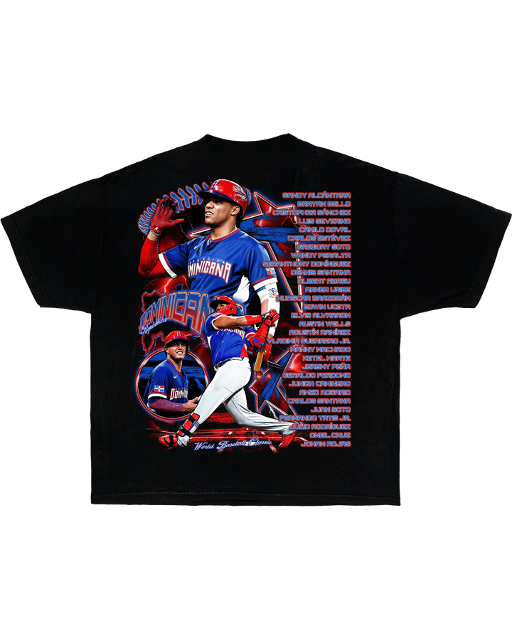 Dominican Dynasty vintage baseball tee by Neniom on black boxy oversized shirt with blue-red graphic