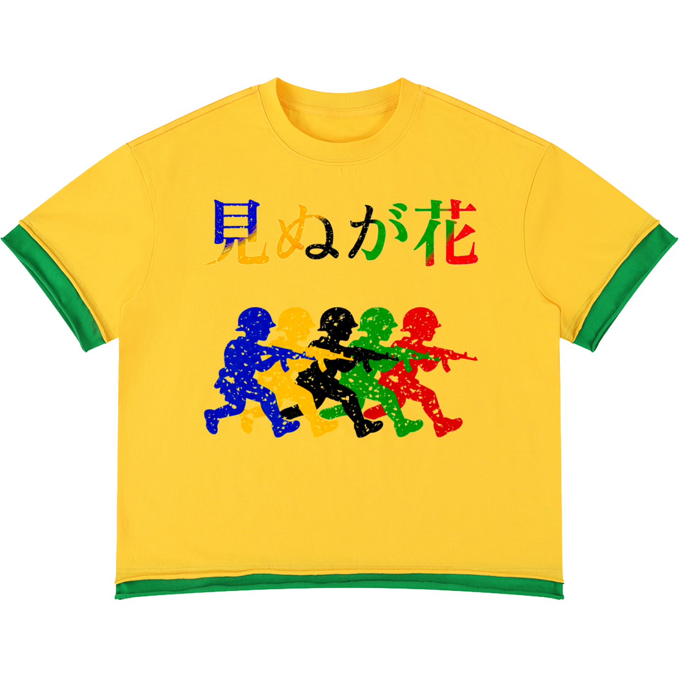 Japanese Neniom Boxy Color Block Graphic T-Shirt – Oversized Yellow Green Streetwear Tee