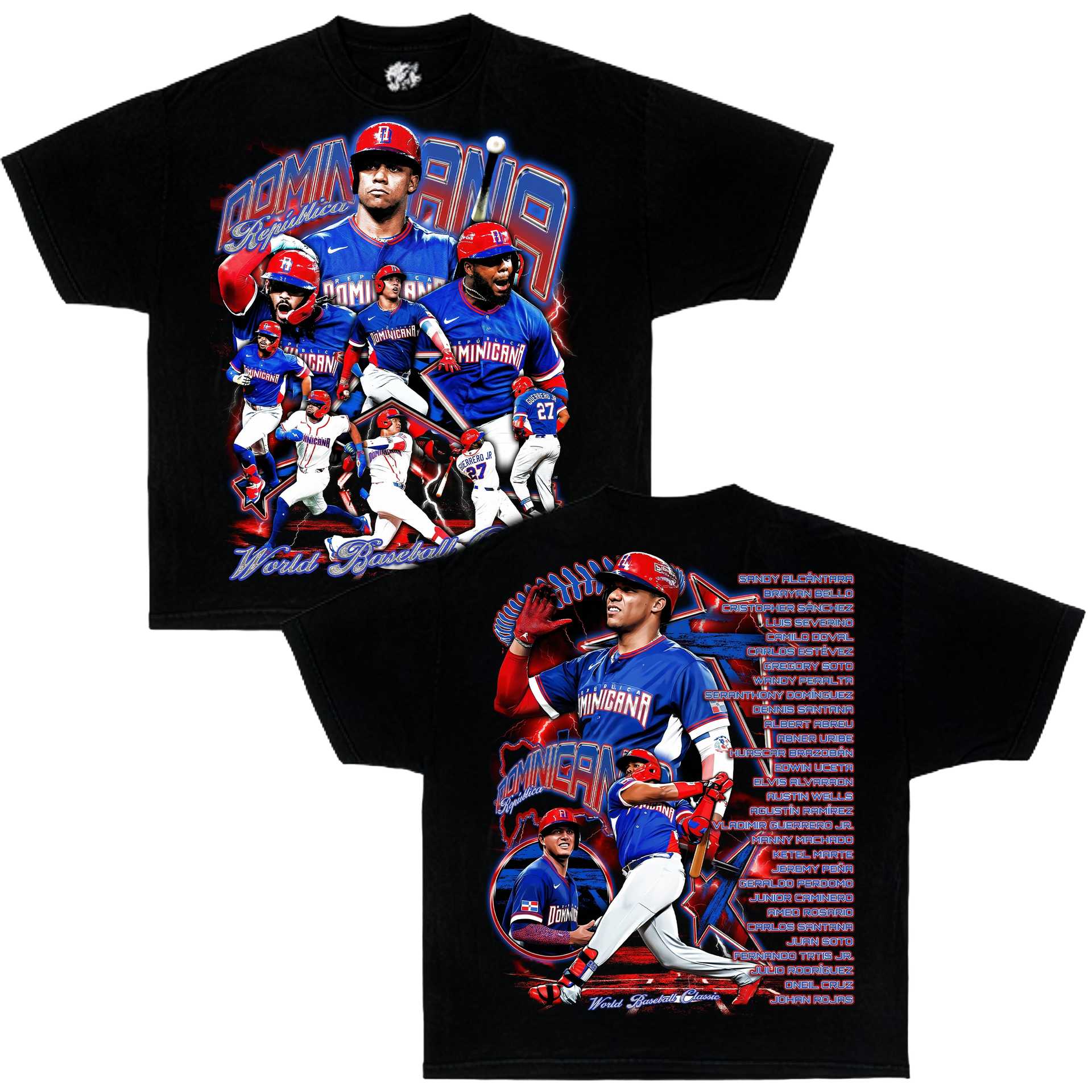 Black t-shirt with Dominican baseball player graphics and text on a white background