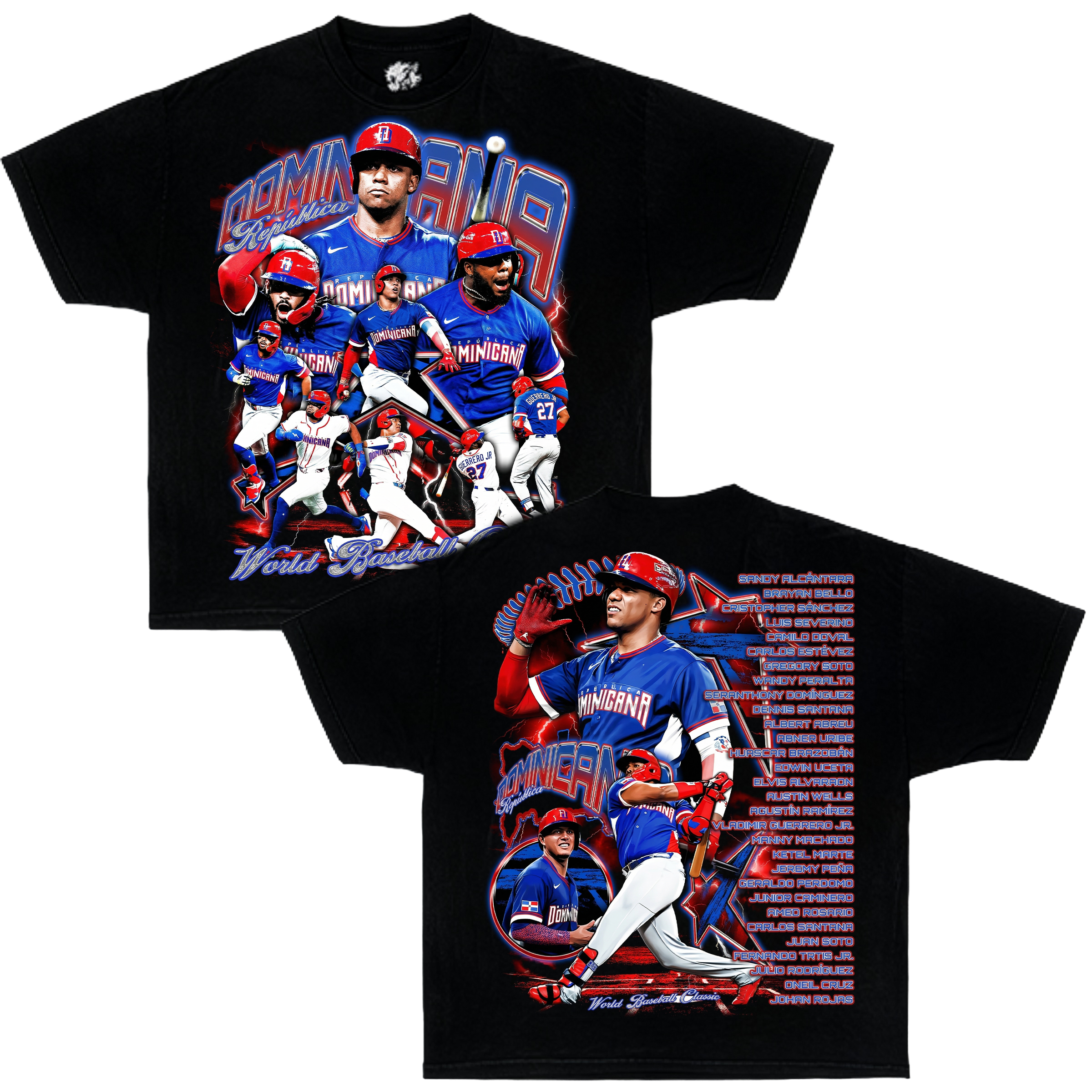 Black t-shirt with Dominican baseball player graphics and text on a white background
