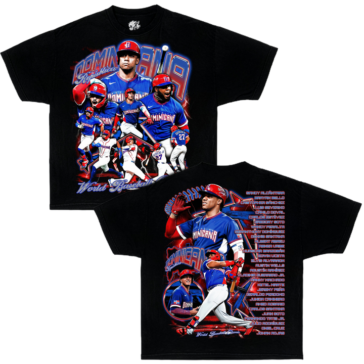 Black t-shirt with Dominican baseball player graphics and text on a white background