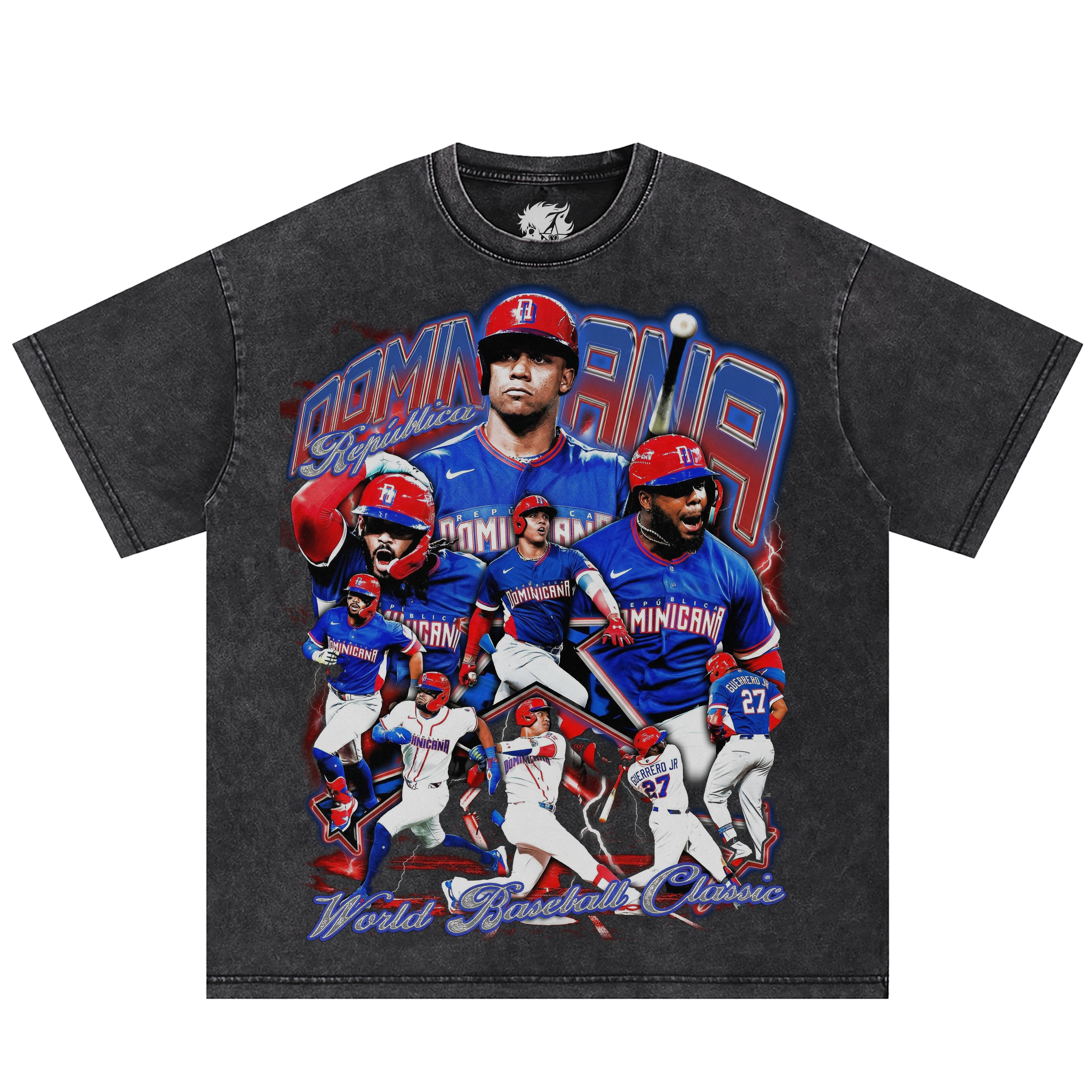 Dominican Dynasty Vintage Baseball Tee Boxy Shirt with retro oversized graphic on a dark washed tee