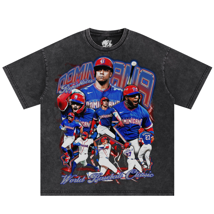 Dominican Dynasty Vintage Baseball Tee Boxy Shirt with retro oversized graphic on a dark washed tee