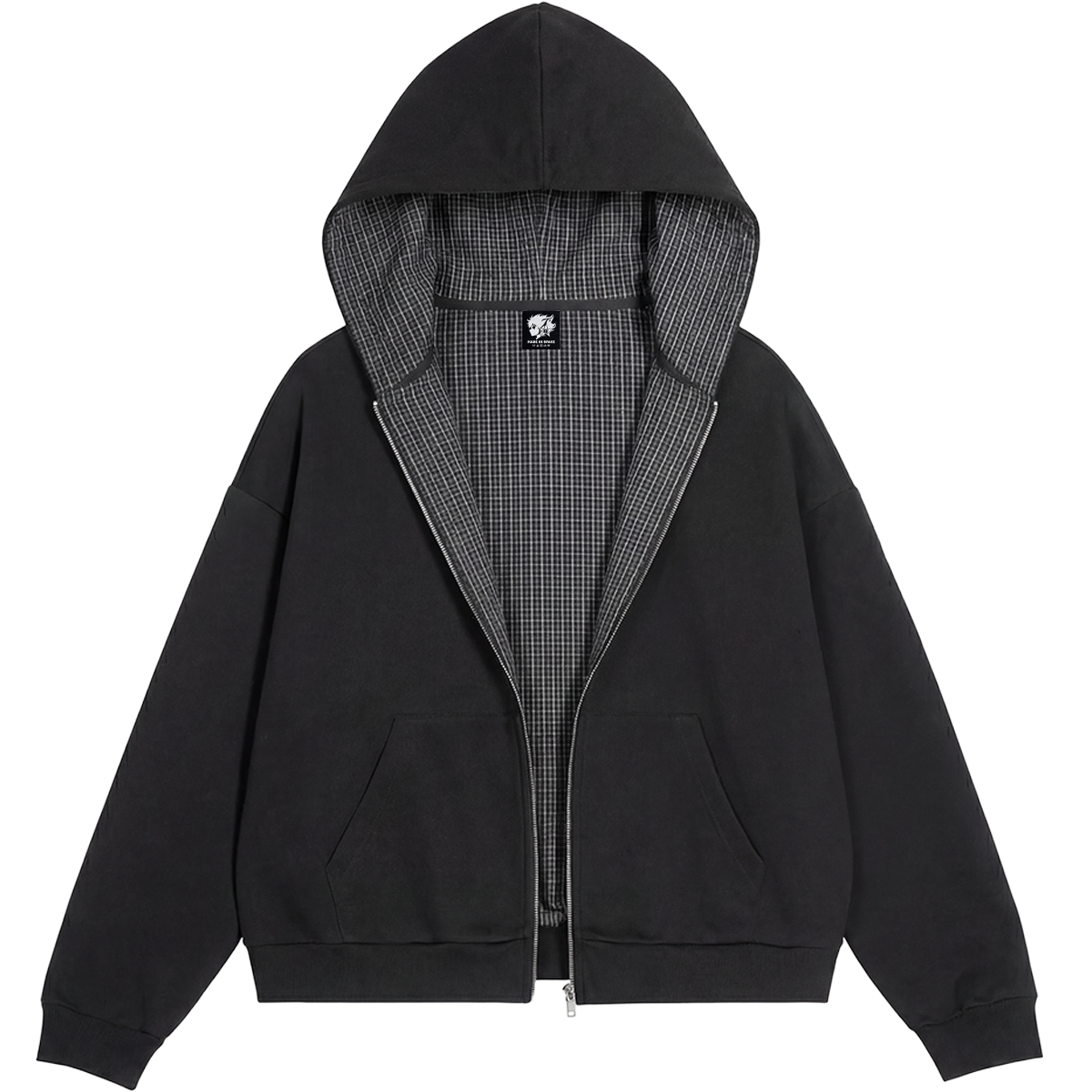 Lazy Boy Contrast Plaid Boxy Zip Up Black Hoodie