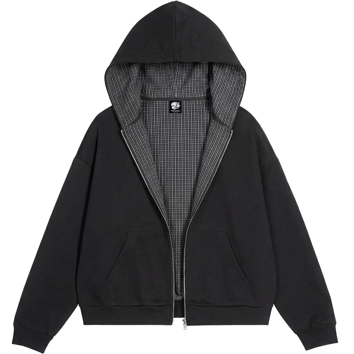 Lazy Boy Contrast Plaid Boxy Zip Up Black Hoodie - Neniom