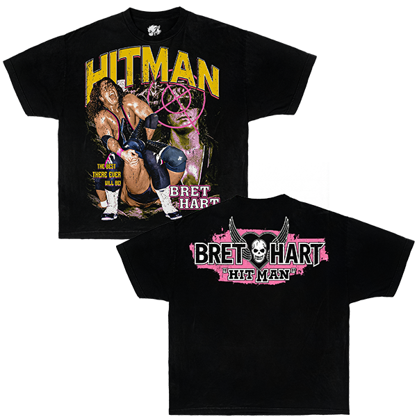Black t-shirt with Bret Hart Hitman wrestling graphic and 'Bret Hart Hit Man' text on a white background