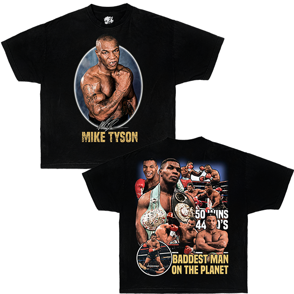 Black t-shirt with Mike Tyson graphic and text
