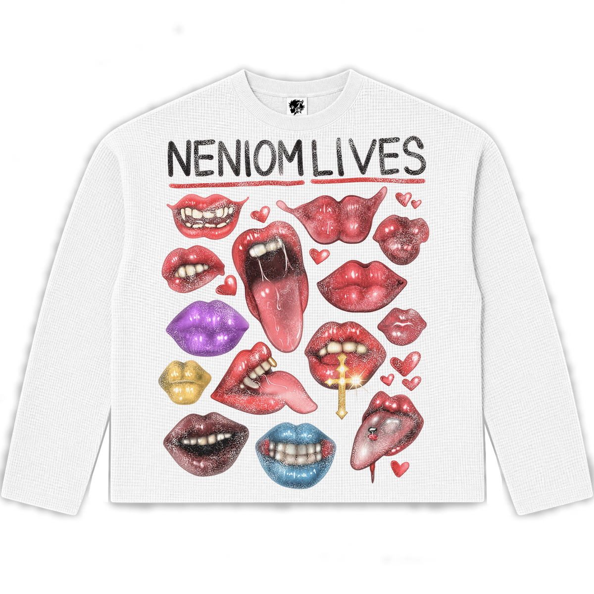 Neniom Lives Lips Boxy Waffle Long Sleeve Thermal Oversized Graphic Sweater Streetwear Y2K