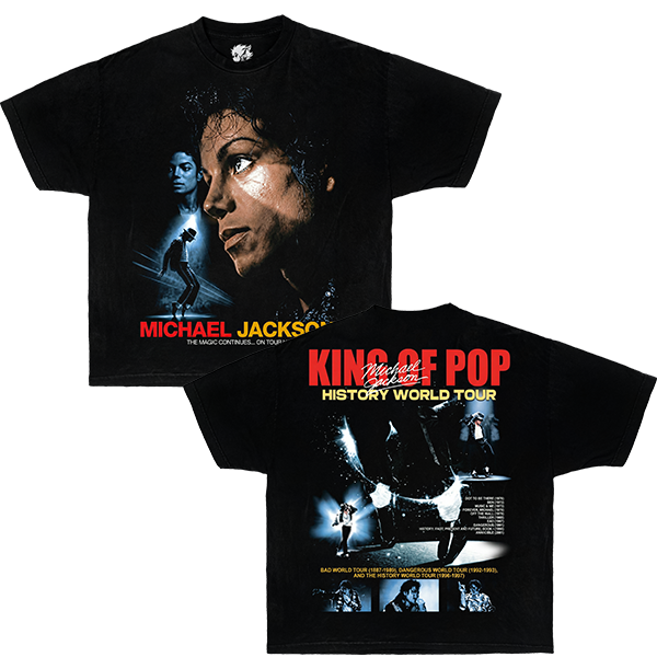 Black t-shirt with Michael Jackson graphic and 'King of Pop' text on a white background