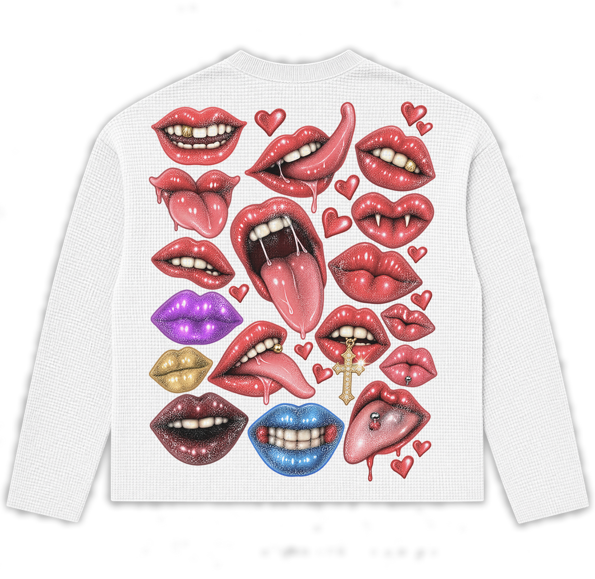 Neniom Lives Lips Boxy Waffle Long Sleeve Thermal Oversized Graphic Sweater Streetwear Y2K