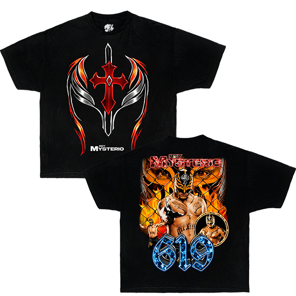 Black t-shirt with Rey Mysterio 619 Legend wrestling-themed designs.
