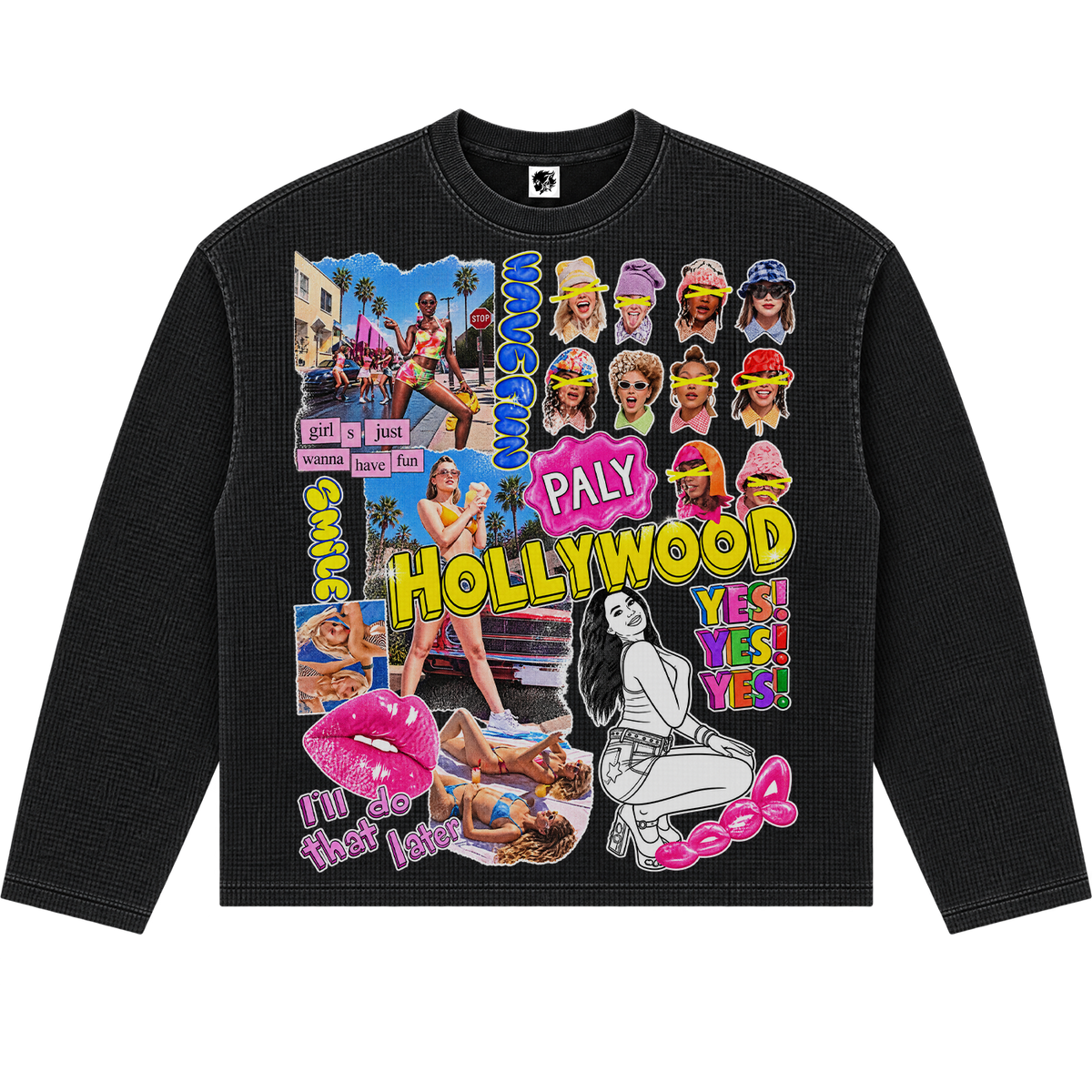 Neniom Hollywood Collage Vintage Wash Boxy Long Sleeve Thermal Oversized Graphic Sweater Streetwear Y2K