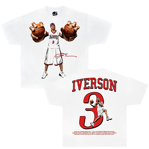 White t-shirt with a graphic of a allen iverson a basketball player holding two basketballs and the name 'Iverson' with number '3'. vintage streetwear t-shirt nba