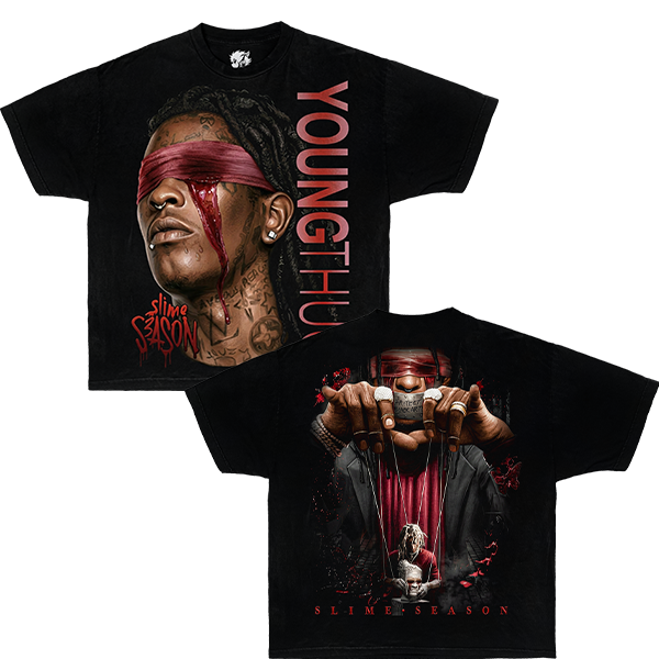 Black t-shirt with Young thug graphic design and text. Black vintage bootleg slim season t-shirt